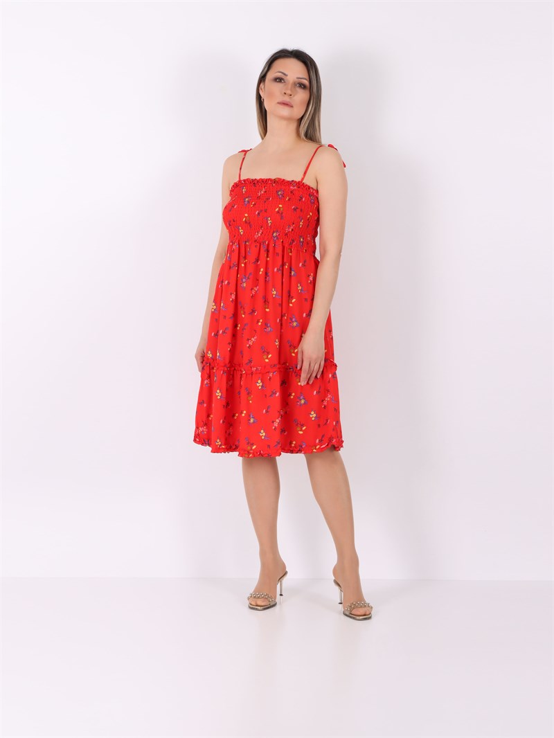 Göğsü Lastikli Çiçek Desenli Elbise (Kırmızı)